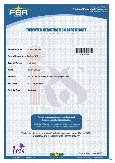 Download Pakistan taxpayer registration certificate Word and PDF template Photoshop template